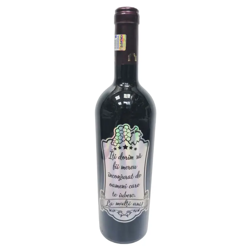 Iti dorim sa fii mereu..., la multi ani, vin rosu cabernet sauvignon personalizat cu mesaj, demisec, 750ml, 13.5% alcool